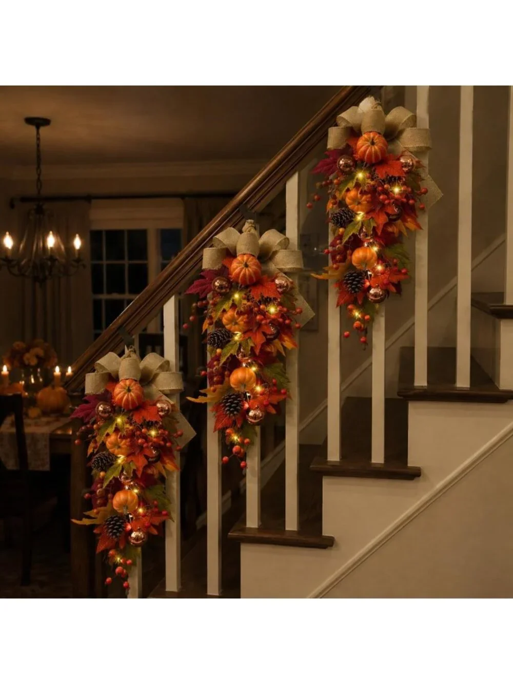 24” Pre-Lit Fall Teardrop Swag - LED Lights, Pumpkins, Maple Leaves & Burlap Bow